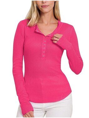 Zenana Henley Shirt Size Large Snap Front Fitted Waffle Knit Long Sleeve Pink